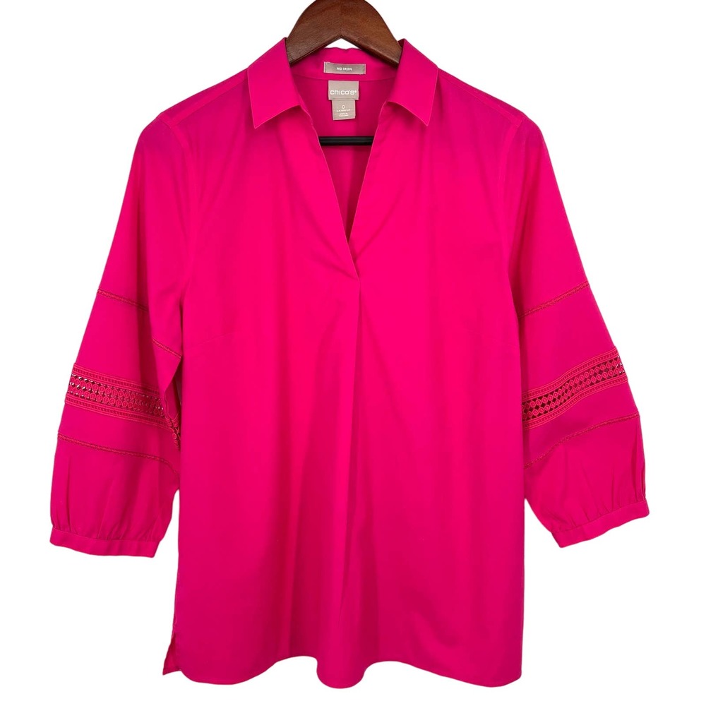 Chicos No Iron Size 0 SMALL 4/6 Pink Crochet Blouse Shirt Top Business Formal